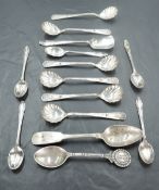 A group of mixed silver spoons, including a set of eight Portuguese .833 grade white metal 'Fayal'