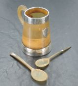 A Victorian Scottish white metal mounted horn cup, of tapering form with scrolled handle and white
