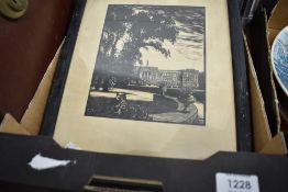 A miniature watercolour of Haworth main street with a similar lino cut print