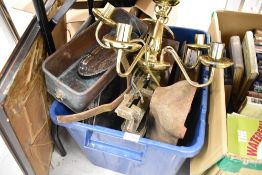 A selection of ceramics glass and decorations including brass chandelier