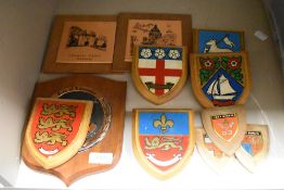 A selection of wooden shields having coats of arms, of Lancaster and York interest etc, also similar