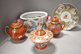 Chinese oriental ceramics including small fish bowl decorated with officials, teapot and sugar