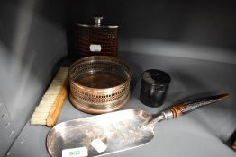 Antique and later hardware including wool holder, crumb tray, hipflask and wine bottle stand