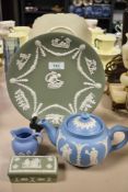 A Dudson tea pot having blue ground with white classical scene relief pattern and three items of