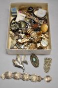 A tray of costume jewellery including pocket watch, bracelet, watches, etc