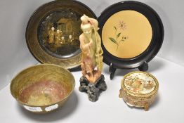 A selection of Japanese items including lacquer work plates and millefiori Satsuma container, carved