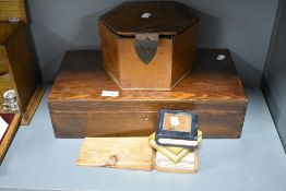 Two early 20th century wooden box or containers and two Catholic orthodox icons