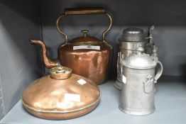 Antique and later hardware including copper stove kettle, bend warmer and two pewter tankerds