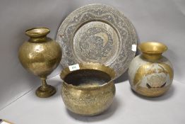 Antique and later Indian and Islamic metal wares including footed vase decorated with deer and