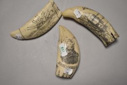 Three 20th century reproduction scrimshaw tusks