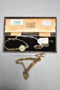 A small selection of yellow metal and rolled gold, including Cimier wrist watch, gate bracelet,