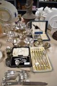 A selection of plated ware and vintage flat ware including strainer, forks, plated tea pot, sugar