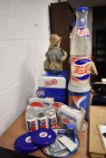 A collection of retro Pepsi cola collectables to include mini fridge, tray, advertising ware and