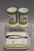 A Victorian porcelain sardine dish and two Minton spill vase hand decorated with flowers