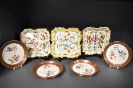 A selection of antique ceramic including four Vienna coasters, two Rouen Faience dishes with a