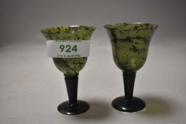 Two antique Chinese saki wine cups carved in spinach Jade stone each approx 5cm tall having domed