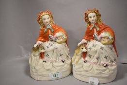 A pair of Victorian Parian ware figures of Red Riding Hood having painted details