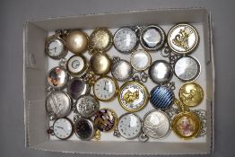 A box of 26 decorative pocket watches including Ingersol, Sekonda etc