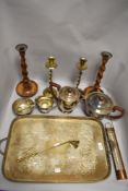 A selection of vintage metal wares, tea pot, tray, coffee pot and jug, sugar basin, sugar nips and