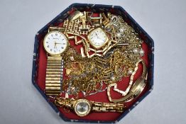 A tray of costume jewellery including ladies cocktail watches, Sekonda, chains, cuff links etc