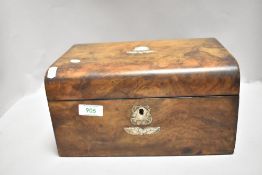A Victorian embroidery or sewing case with fitted interior and burr walnut case