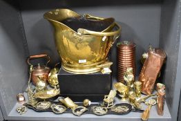 Antique and later metal ware including plumb bob, specimen containers, coal bucket and bath style
