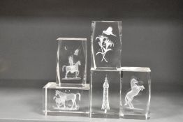 Five 20th century 3D laser cut paper weights including Blackpool tower