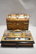 Victorian stationary pen rest and ink well set with a domed stationary case having mahogany case