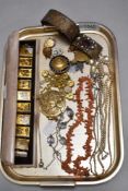 A selection including branch coral, oriental gate linked bracelet A/F, badges etc