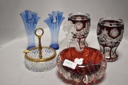 A selection of art glass including a pair of cranberry cut glass vase and Whitefriars style dish