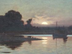 Reginald Aspinall, (1858-1921), harvest moon estuary scene, signed and dated 1893, 30 x 44cm, gilt