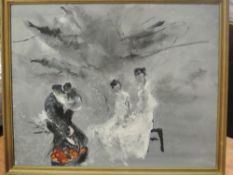 (20th century), an oil painting, angels and fruit seller, 39 x 49cm, framed, 43 x 53cm