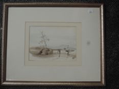 Hutchinson,(19th century), attributed to, a watercolour, man and dog crossing river, 16 x 22cm,
