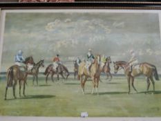 Alfred James Munnings, (1878-1959), after, three prints, Before the start New Market, dated 1953, 45