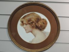 (19th/20th century), a watercolour, Edwardian lady portrait, unsigned, dia 29cm, mounted framed