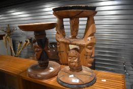 Two ethnic tribal wood carved small side or grain tables