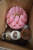 A good selection of mid century ceiling lights and shades including pink plastic leaf design
