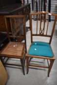 Two late Victorian salon style bedroom chairs one having mahogany frame with teal seat and another