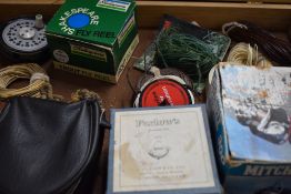 A wooden box of mixed tackle and reels including a Farlow Cobra fly reel with spare spools, a