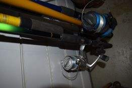 An assortment of 5 fishing rods and 2 reels including milbro rod and Imoto Reel