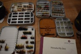 5 fly fishing boxes including a hardy Neroda box in its original sleeve containing a vast