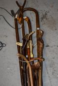 A selection of 11 sticks in varying length and design including thumb sticks horn topped sticks