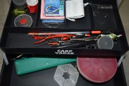 A box of fising tackle including keep net seat priest ect