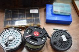 3 Fly reels leeda Masterline and Intrepid and a selection of fishing flies
