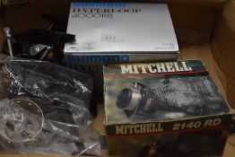 Four spinning reels Shimano hyperloop 4000RB, Longbow with spare spool, Mitchell and Garcia