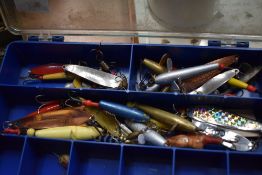 Five tackle boxes of fishing lures and minows