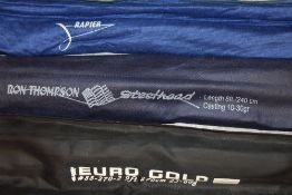 A Ron Thompson steelhead 8ft spinning rod, A fiberglass spinning rod and a Fladen 9ft Euro gold Rod