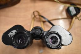 A Pair of Carl Zeiss Jena 10x50 jenoptem cased binoculars and two small hip flasks