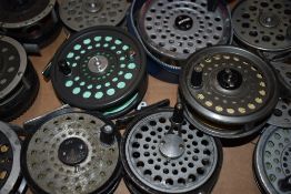 A selection of 9 fly reels by Ryobi, Wickhams, Daiwa and Garcia mitchell and 3 spare spools and 8
