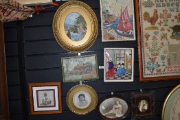 A selection of needle works and Victorian portraits including a fine needle work of country cottage